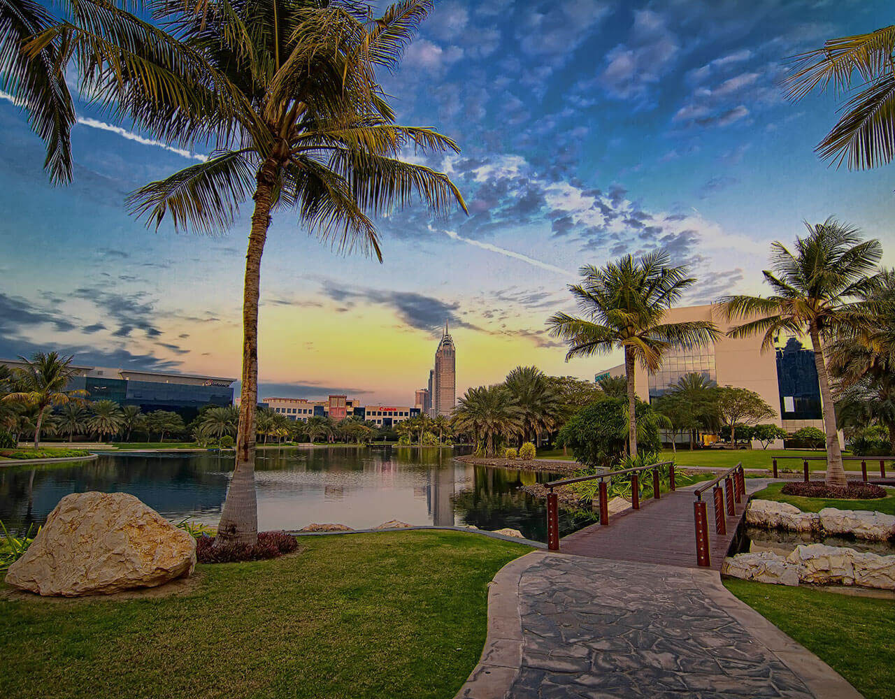 Evening view of Dubai Internet City from the outside